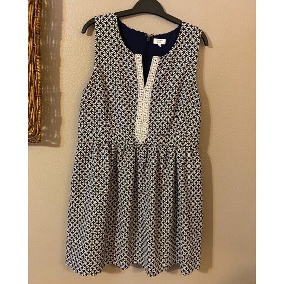 Crown & Ivy Dress Navy Blue White 16 Print A Line Cotton Lined Stretch Washable - Picture 3 of 6